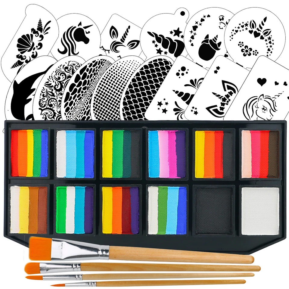 BOWITZKI Rainbow Face Paint Palette Kit for Kids and Adults Split Cakes Painting Stencils