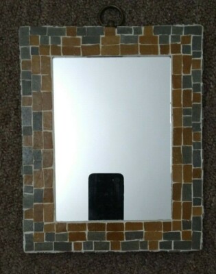Granite / Tile ? Embellished Mirror Wall Hanging Looking Glass Brown Gray Vtg ?