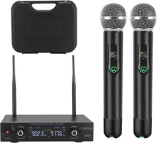 Wireless Microphone System with Case, Metal UHF Dual Handheld 20 Channels Profes