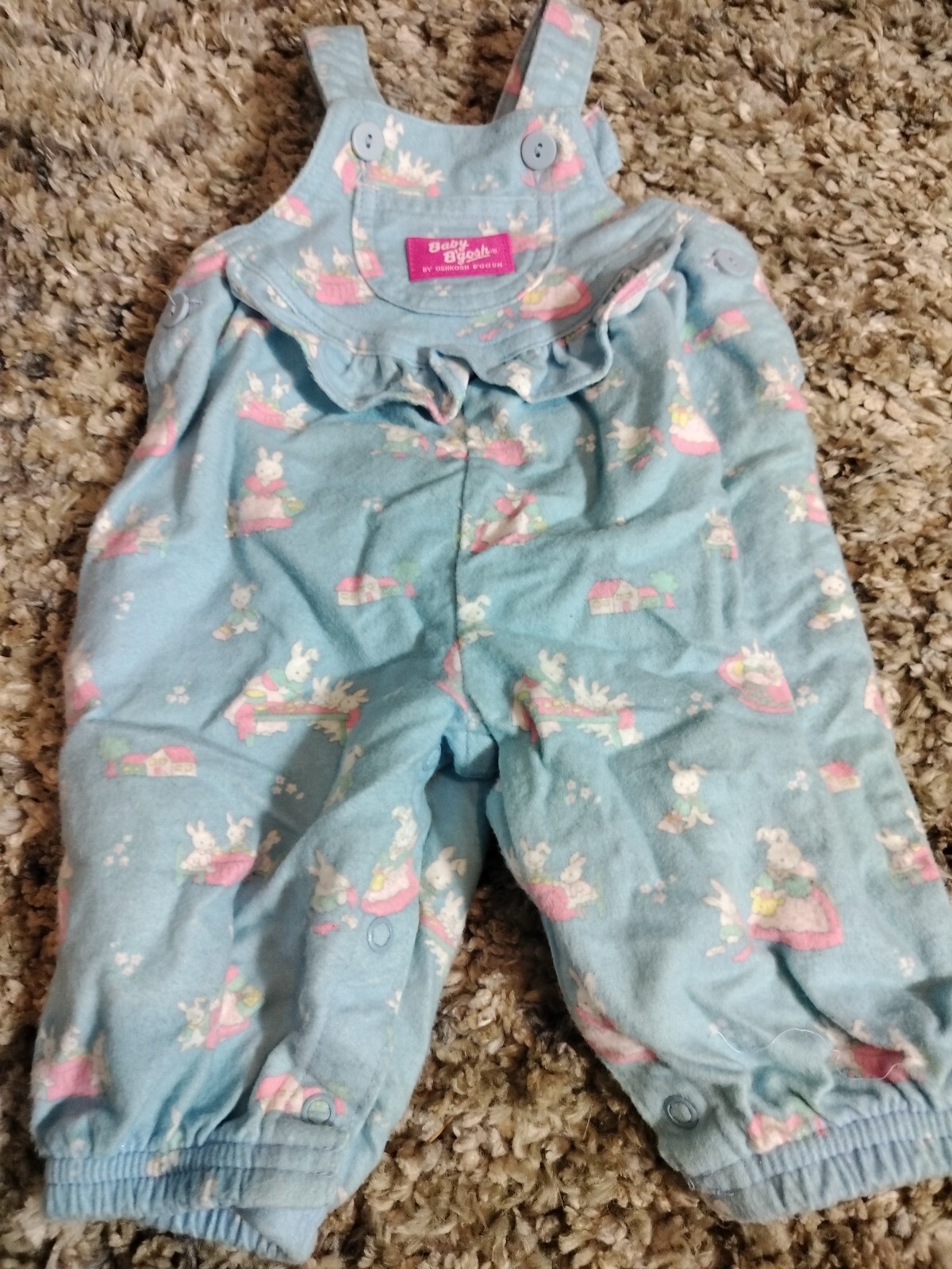 VTG OshKosh B'Gosh Vestbak Blue Soft Cotton Bunny Overalls Girl's No Size 6m? image 3