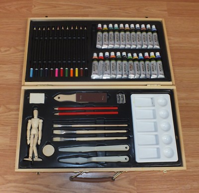 Genuine U.S Art Supply 50 Piece Acrylic Painting Art Set in Wooden Case **READ**
