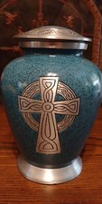 Cremation Urn for Adult Human Ashes Height appx 9" Blue speckled with cross New
