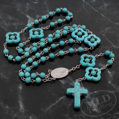 Turquoise Stone Rosary Necklace   Flower Accents   22'' Catholic Prayer Beads