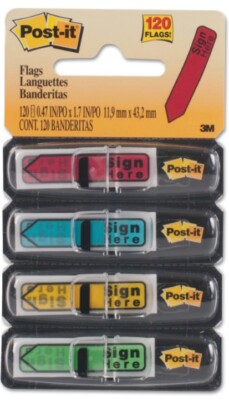 Arrow Message 1/2'' Page Flags w/Dispensers, ''Sign Here'', Asst Primary, 120/Pack