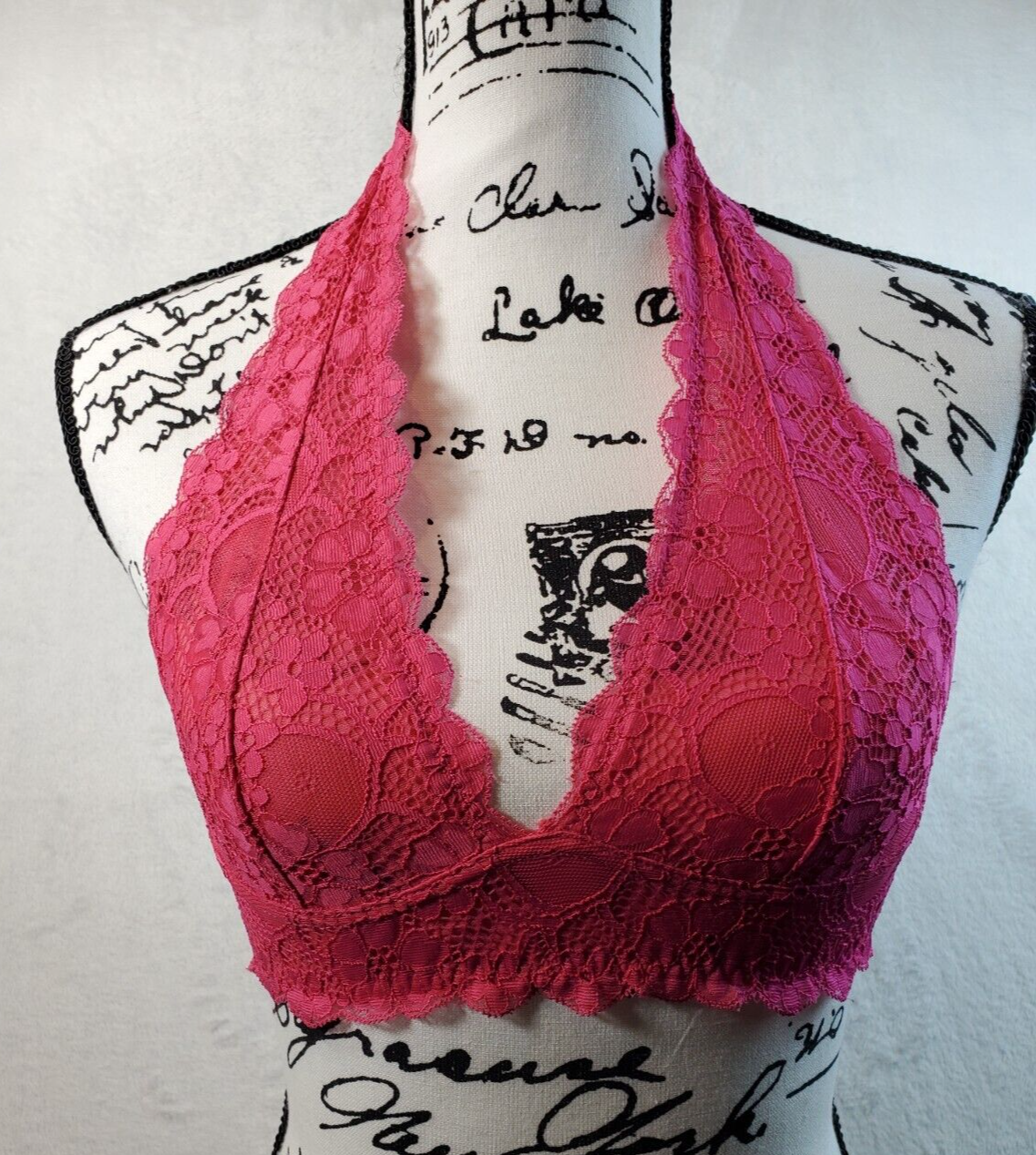 Free People Small Pink Lace Floral Halter Bralette Non-Padded-image