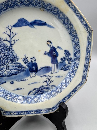 ANTIQUE Chinese 18th C. Qianlong Blue & White Women & Kid Porcelain Plate 7 '' - Picture 2 of 9