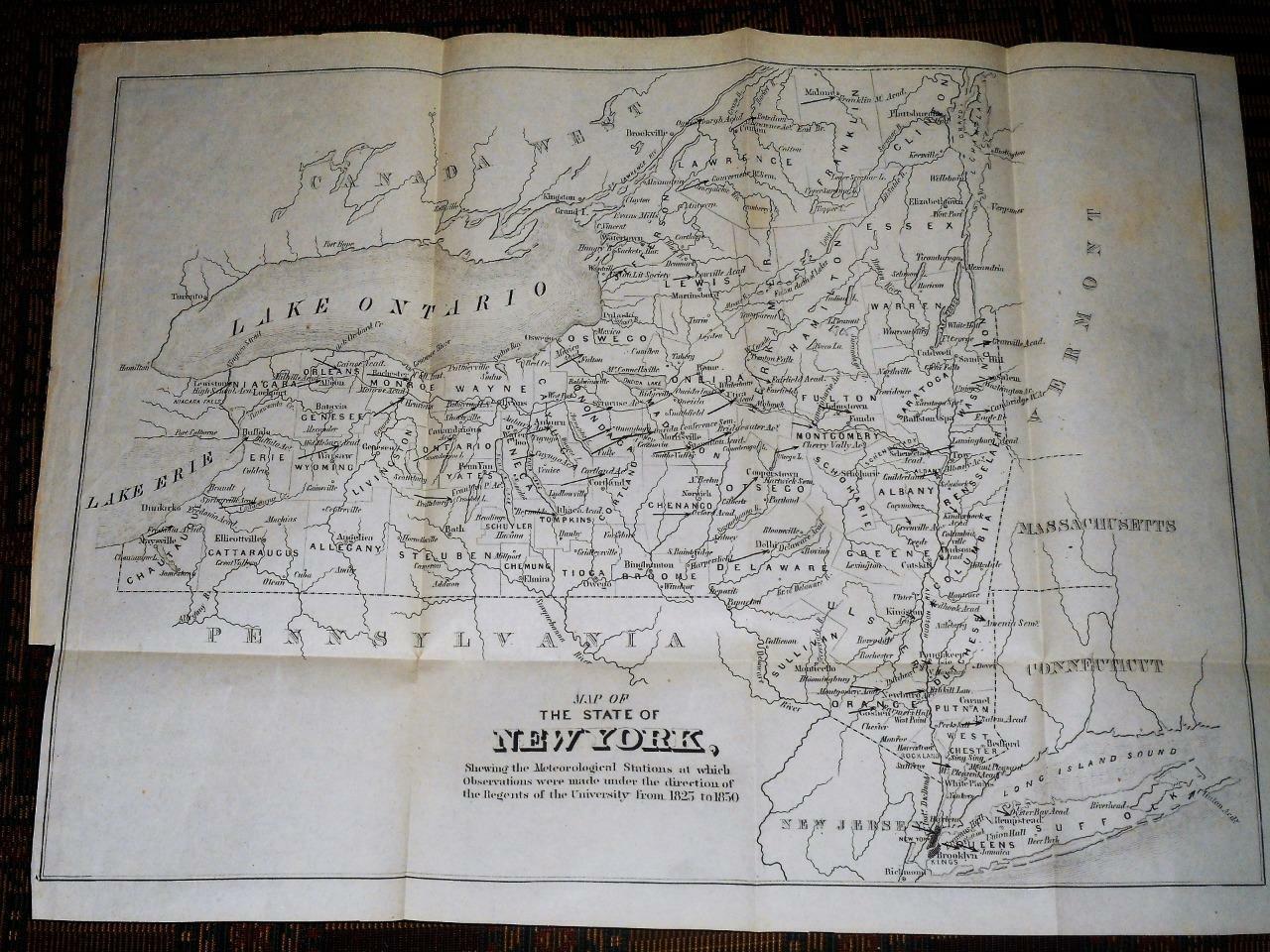 1855 New York State map meteorological stations 1825 to 1850, 14.5" x 11"