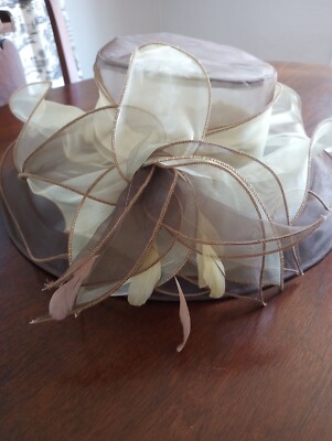June's Young Organza Hat with Ruffles and Feathers Beautiful Brown &Gold