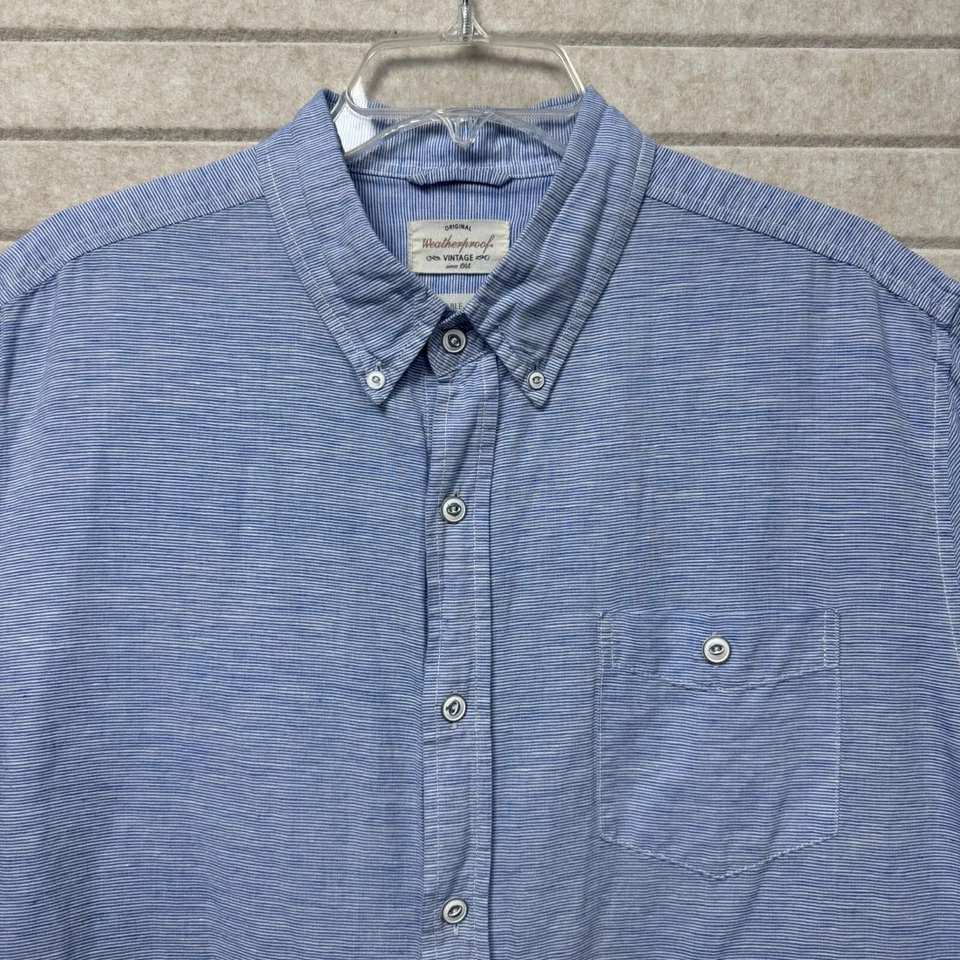 Weatherproof Vintage Blue Stripe Washable Linen Short Sleeve Button Down Shirt L - Image 3 of 4