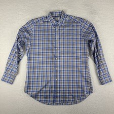 David Donahue Dress Shirt Mens Large Blue Brown Plaid Cotton Button Up