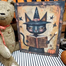 WITCH CAT BOOK SPELLS FOLK ART VICTORIAN PRIMITIVE VINTAGE STYLE HALLOWEEN SIGN