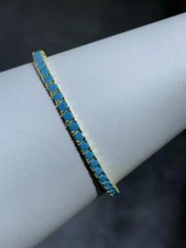 18k Gold Sterling Blue Turquoise Round Cut Hand Set Classic Tennis Bracelet 7" L