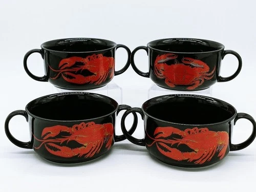 D.H. Holmes Crawfish Crab Gumbo Soup Bowls Black 5" Set of 4 Vintage NOLA 1984