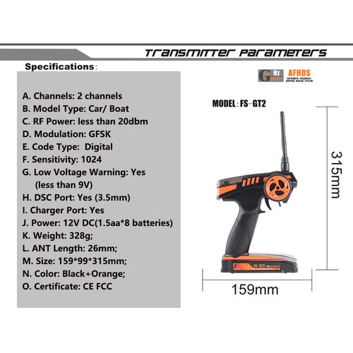 Transmisor RC Flysky FS-GT2 con receptor FS-GR3E, 2,4 GHz 2 canales de radio C... - Imagen 3 de 9