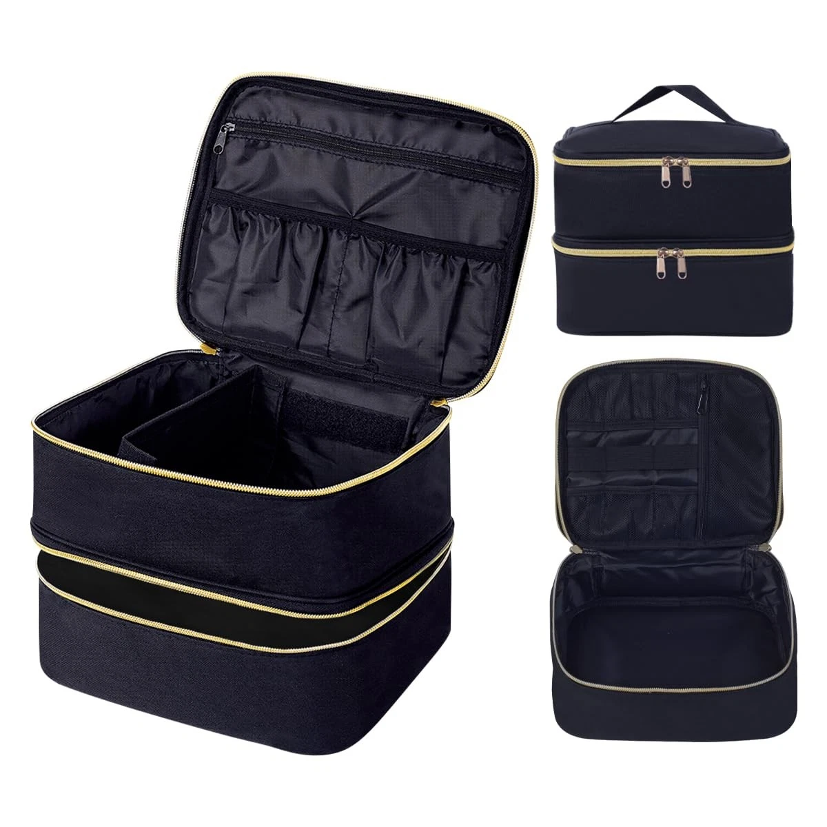 Double Layer Makeup Bag Portable Large Cosmetic Case Organizer with Adjustabl...