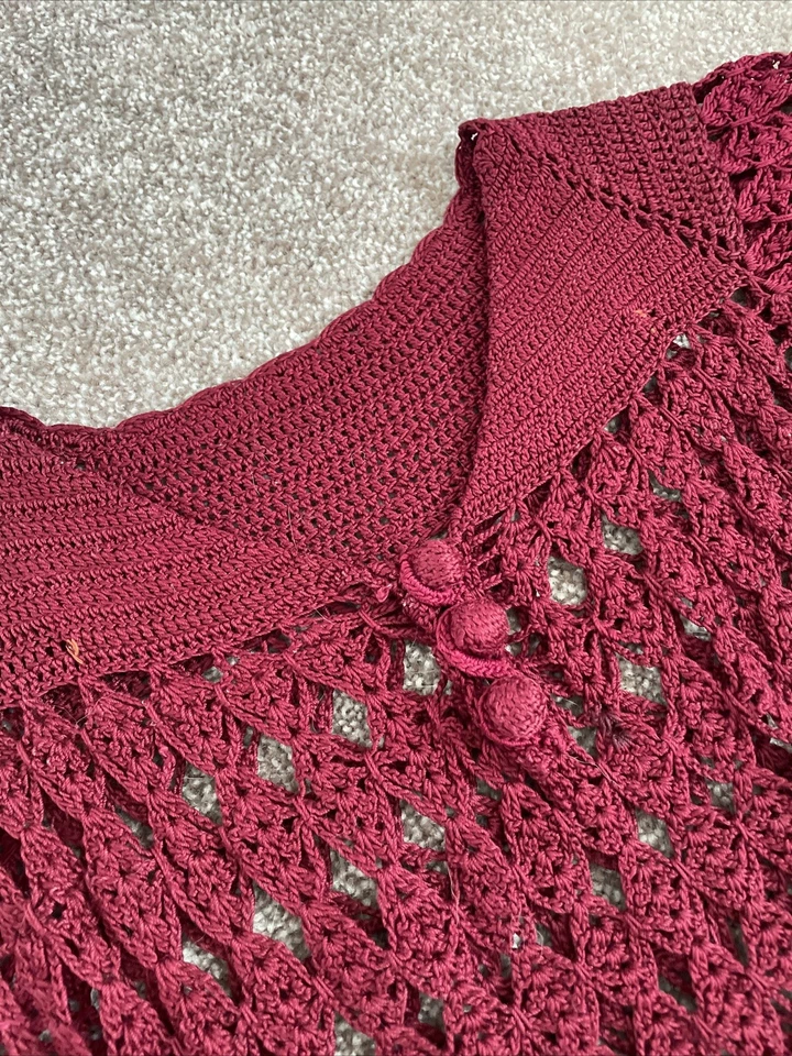 Vintage 1930s Art Deco Crochet Knit Wine Burgundy Red Dress Puff Sleeve XS - Image 4 of 4