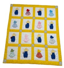 VTG Hand Quilted Sunbonnet Sue Baby Crib Quilt Hand Applique 41x49 Folk Art EEUC