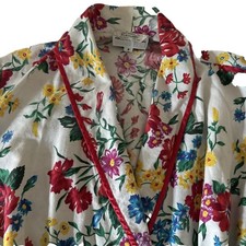 VTG Cotton Bathrobe Floral Red Rose Garden Maxi-Length Satin Trim Loungewear EUC