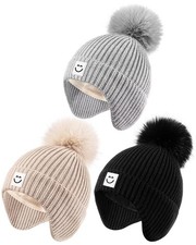 3 Pack Baby Winter Hats with Earflaps 2 Size Kids Pom Pom Beanie with Warm Fl...