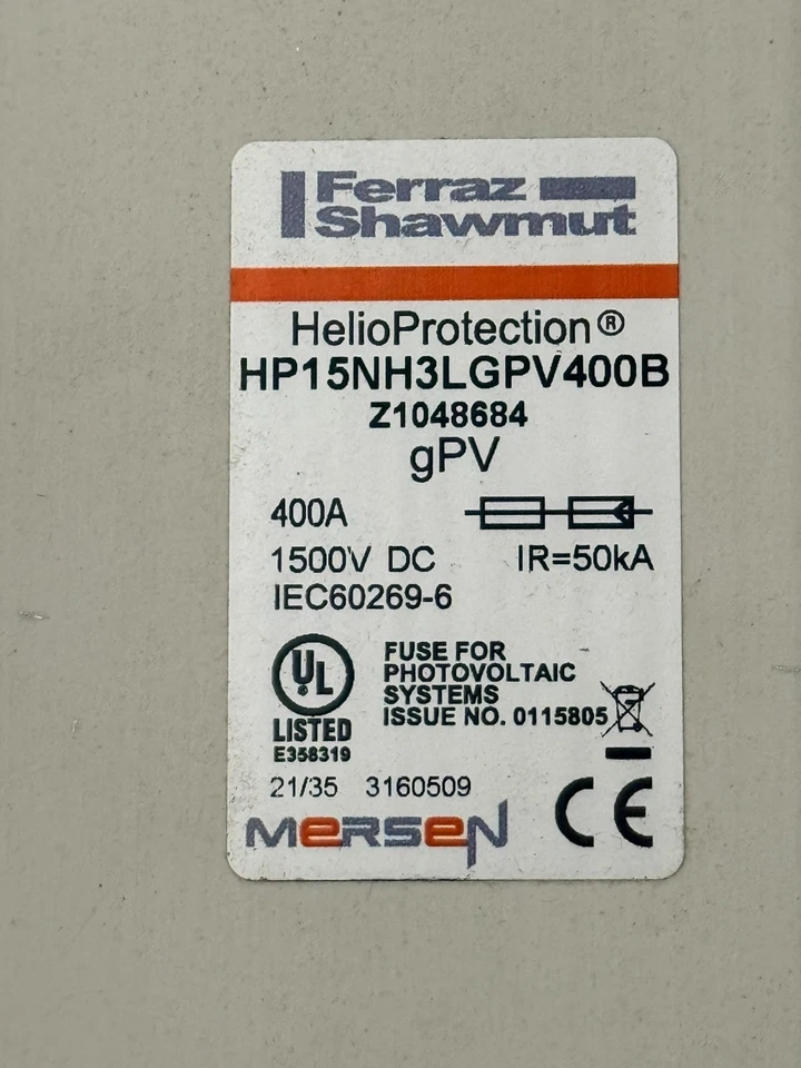 FERRAZ SHAWMUT HP15NH3LGPV400B 400 AMP Helio Protection Fuse 1500 VDC Z1048684 - Image 2 of 4
