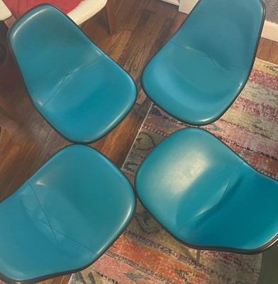Herman Miller Eames Blue Black Vinyl Padded Molded Chairs (Set of 4 ) AS IS