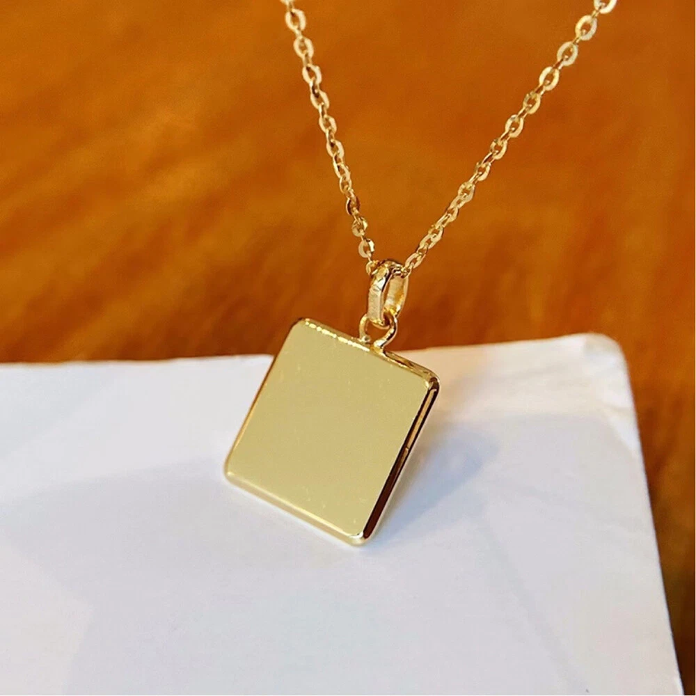 18K Solid Gold O Chain Pendant Necklace Square Dog Tags Jewelry