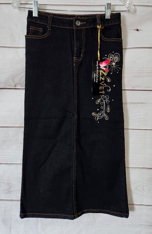 NWT Y2K  Zzvet Jean Denim 12 Long Skirt Slit Stretch Dark Wash Maxi Rhinestone