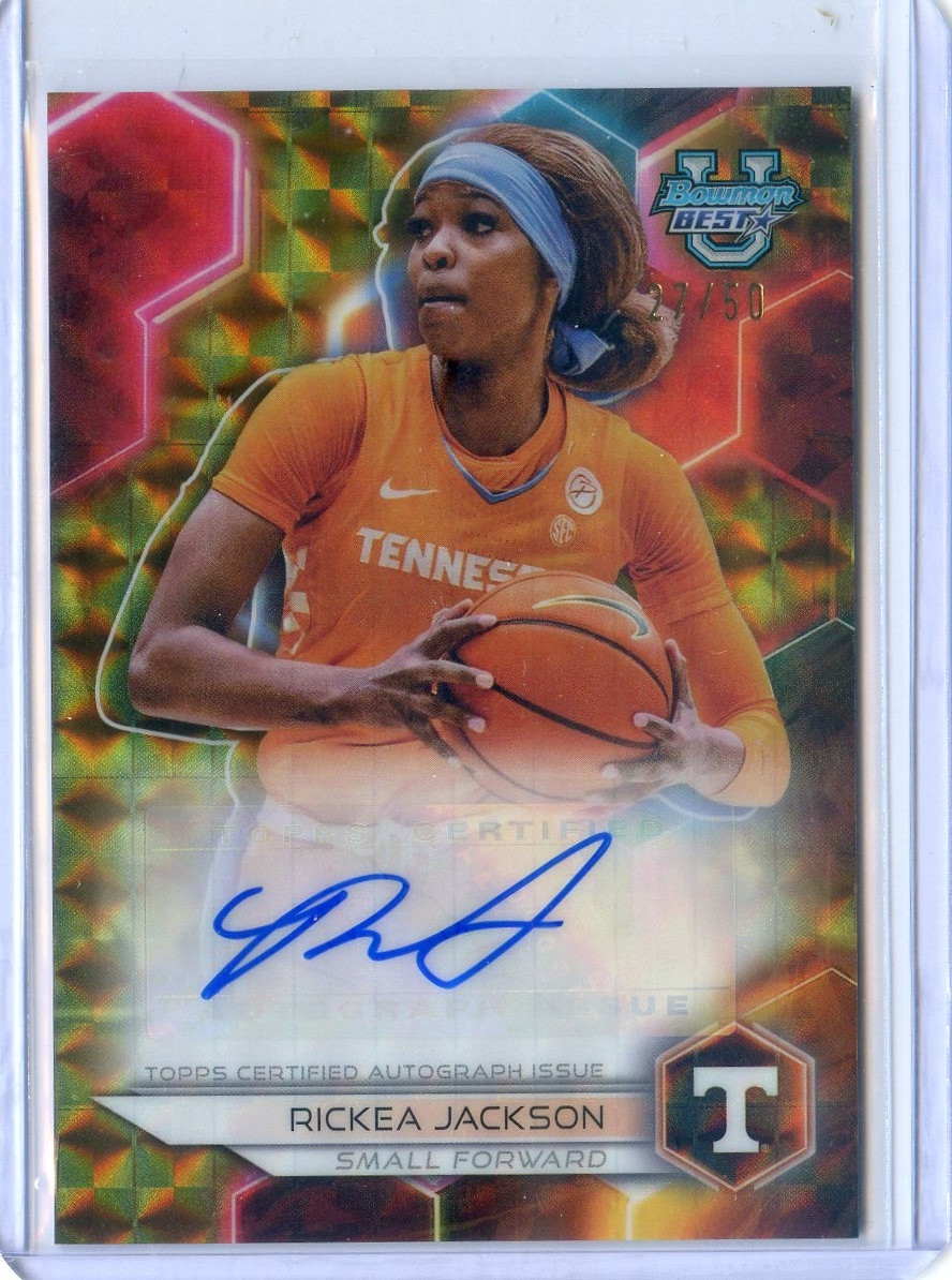 2023-24 Bowman Best University RICKEA JACKSON GOLD GEOMETRIC REFRACTOR AUTO /50