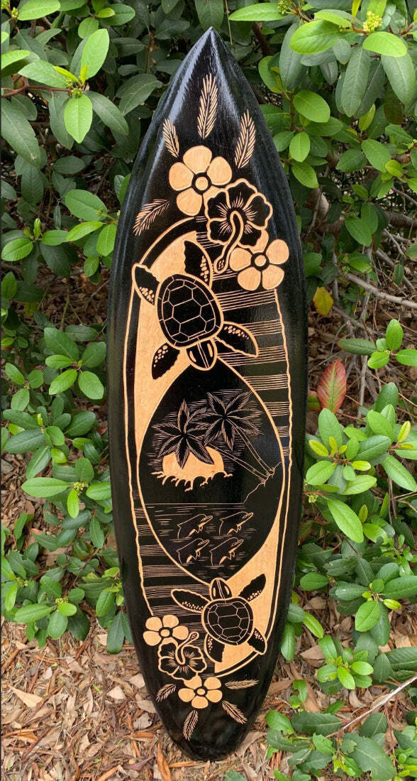 Tribal Turtle Swimming Dolphins Tropical Flowers Wood Carved Surfboard Wall