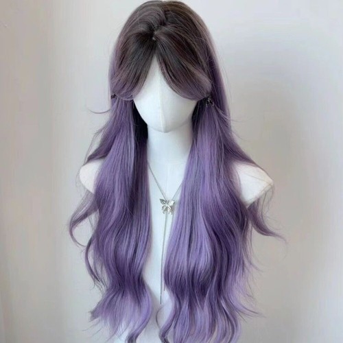 Synthetic Gray Purple With Bangs Gradient Long Curly Hair Ladies Wig - Picture 8 of 17