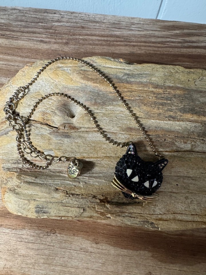 Betsey Johnson Black Cat Pendant Necklace With Rhinestones On GoldTone