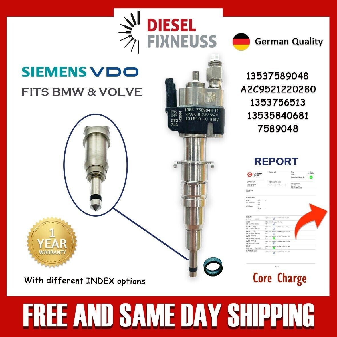 Injector Injection Valve VDO 13537589048 13537565137 N43 N53 BMW 