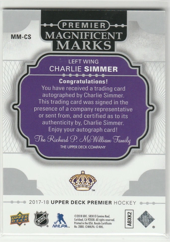 2017-18 Upper Deck Premier Magnificent Marks #MMCS Charlie Simmer Autograph - Image 2 of 2