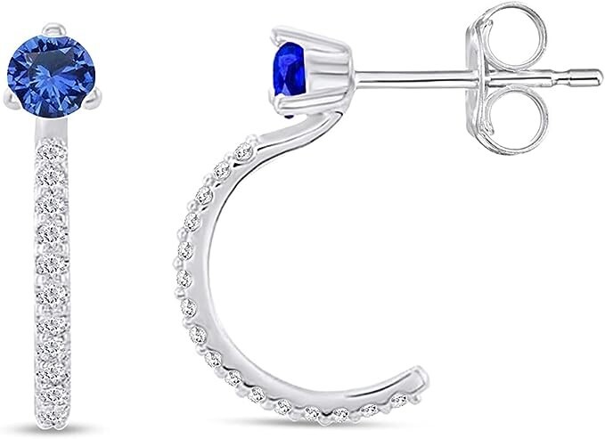 Simulated Blue Sapphire & 1/6ct Natural Diamond J Hoop Earrings Sterling Silver