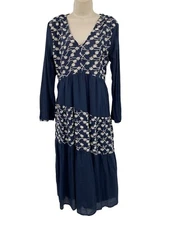 Umgee Maxi Dress M Lagenlook Cottagecore Tiered Embroidered Navy Western NEW