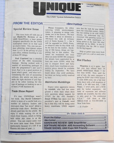 UNIQUE: The UNIX System Information Source, Vol. 4, No. 9, June 1987