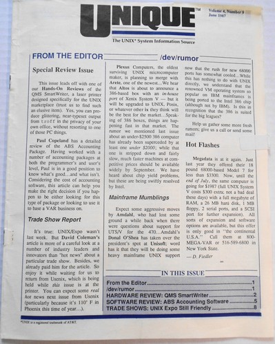 UNIQUE: The UNIX System Information Source,  Vol. 4, No.  9,  June 1987 - Picture 1 of 12