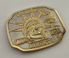 Vintage 1986 Belt Buckle 100 Years of Liberty 1886-1986 Brass Diamond Chip Torch