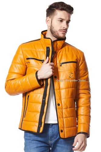 Mens Yellow Quilted 100% REAL LEATHER Black Trimming Biker Jacket A-34 - Picture 2 of 9