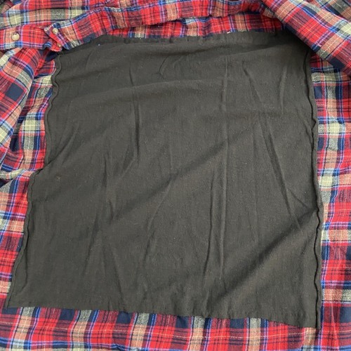 Upcycled Flannel Shirt Mens 2XL Shacket Flag Red Mechanic Grunge Farm Ranch Camp - Picture 9 of 16