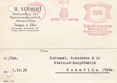 TORGAU, Postcard 1936, F. H. Schmidt Envelope Paper Equipment Factory