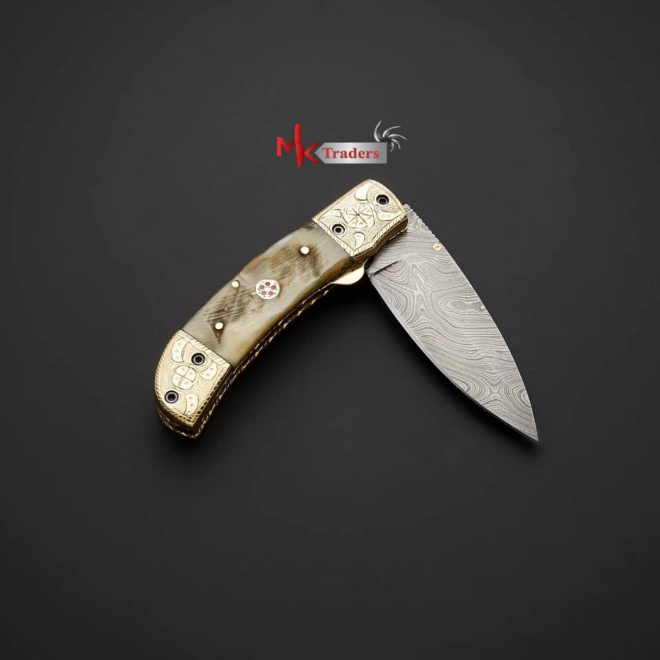CUCHILLO PLEGABLE CON CUERO HECHO A MANO PERSONALIZADO DAMASCO LINER LOCK CARNERO CUERNO MANGO  Foto 2 de 4
