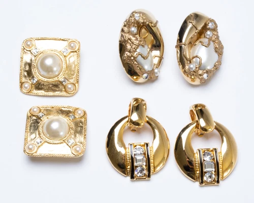 Lot of 3 Pairs Vintage Costume Jewelry Earrings Gold Color Rhinestone Faux Pearl