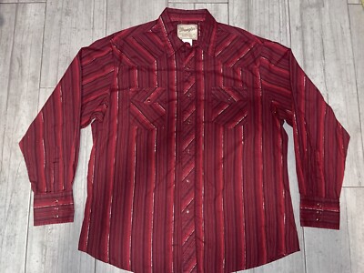 VTG WRANGLER Long Sleeve Flannel Shirt Stripe Red Sz XL *Used* Snap On