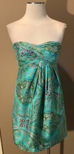 J.Crew 4 S 100% Silk Strapless Luxe Wrap Bodice Turquoise Print Babydoll Dress