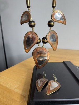 VTG Studio Artist Modernist Mix Metal Necklace Copper Brass w Earrings Brutalist