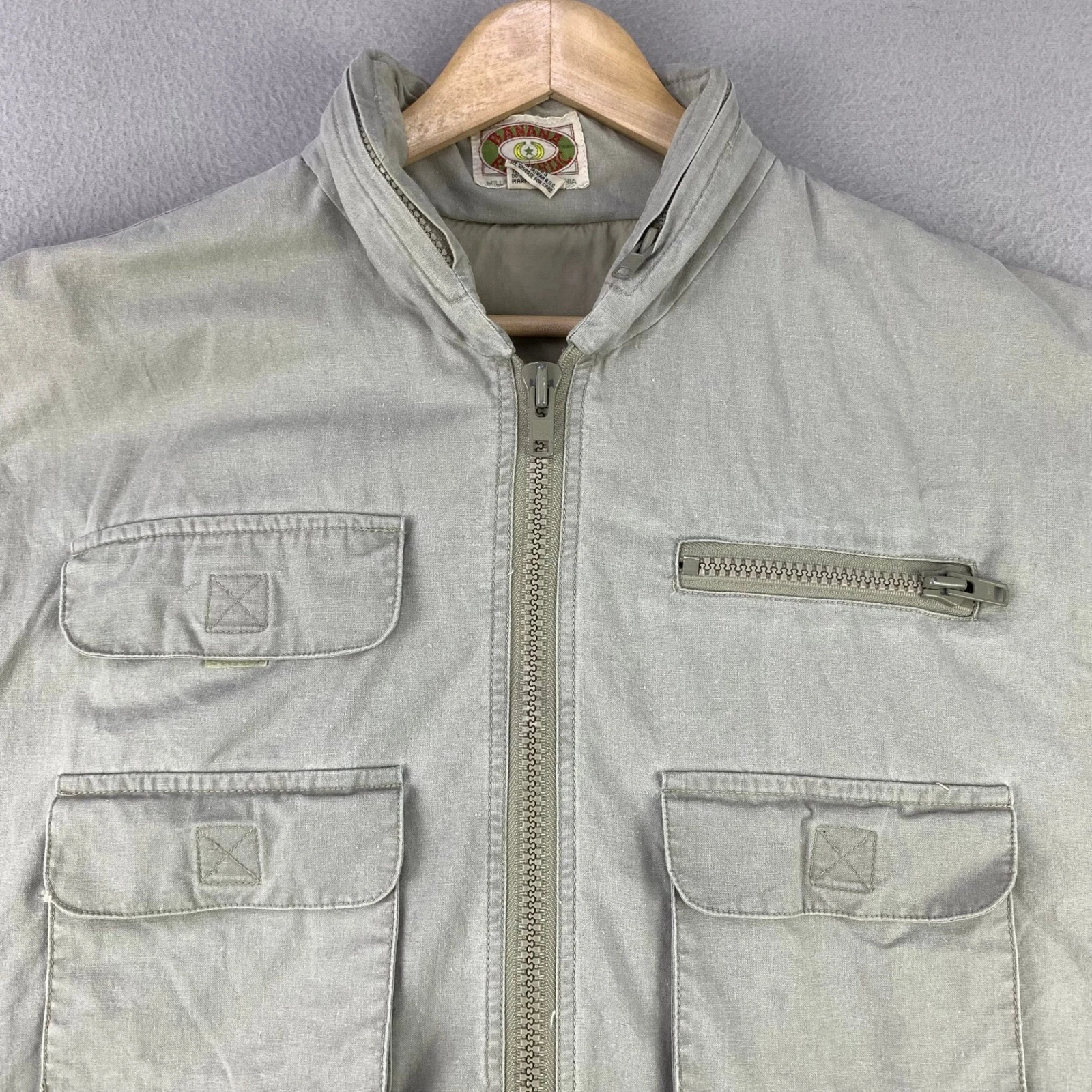 Vintage Banana Republic Safari Vest Men XL Khaki Pockets Hooded Fishing 80s