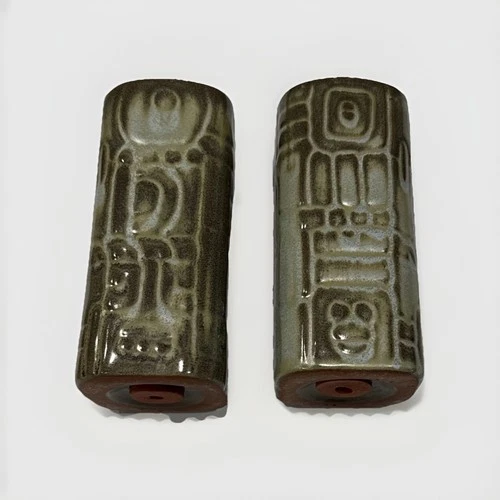 Vintage Frankoma Mayan Aztec Salt Pepper Shakers Range Set Prairie Green 5"