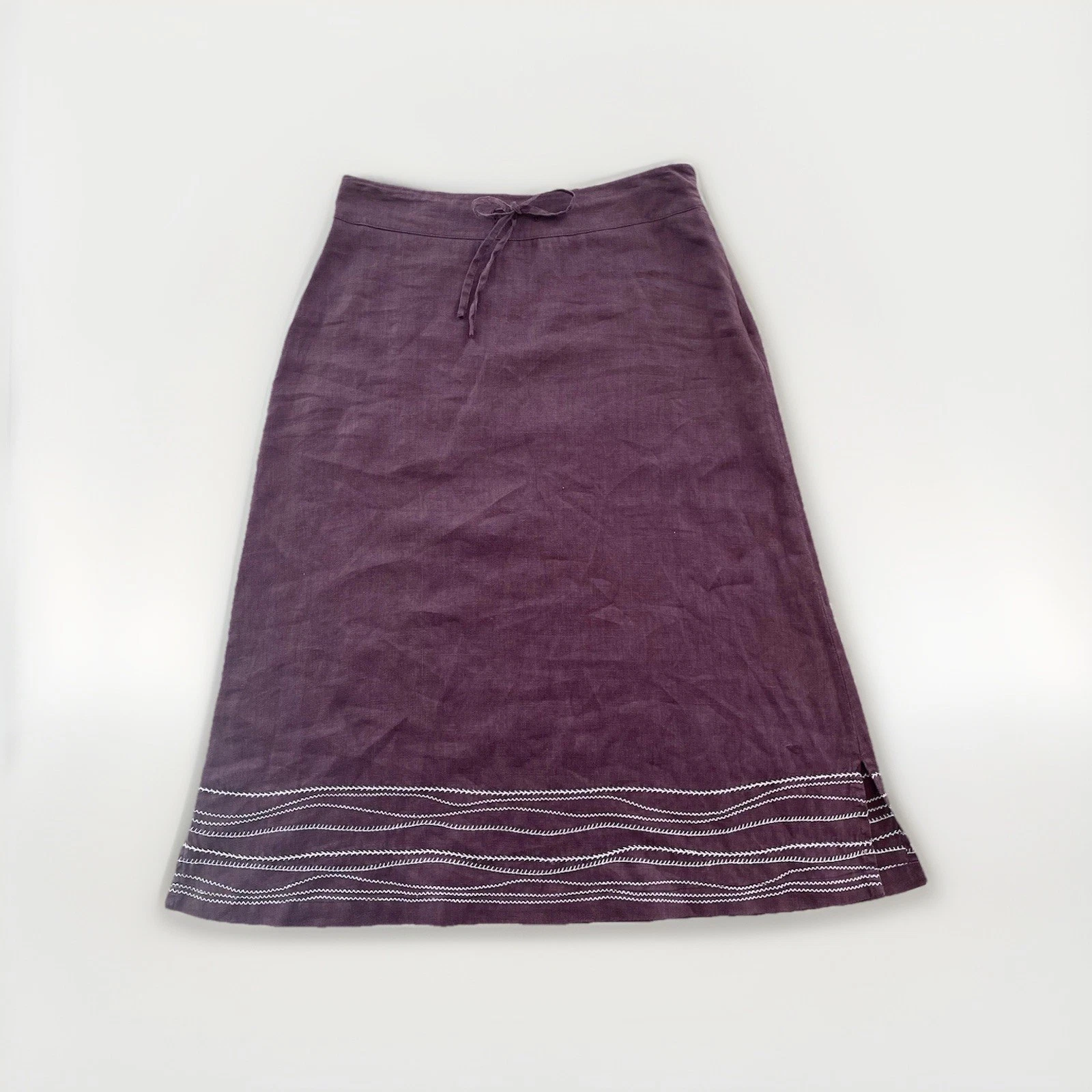 Vintage Rodier Paris 100% Linen Midi Skirt Size EU 40 Burgundy Embroidered Hem