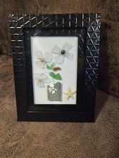 New handmade Sea Glass Flower Art Black Frame 5x7 Starfish/Shells
